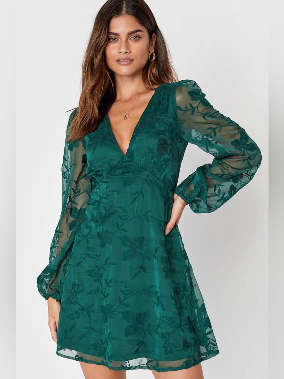 Lulus Green Floral Embroidered Long Sleeve Mini Dress XL